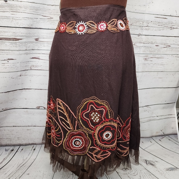 Vintage Parisian Brown Beaded Linen Tulle Midi Skirt Size 8 - Picture 5 of 7